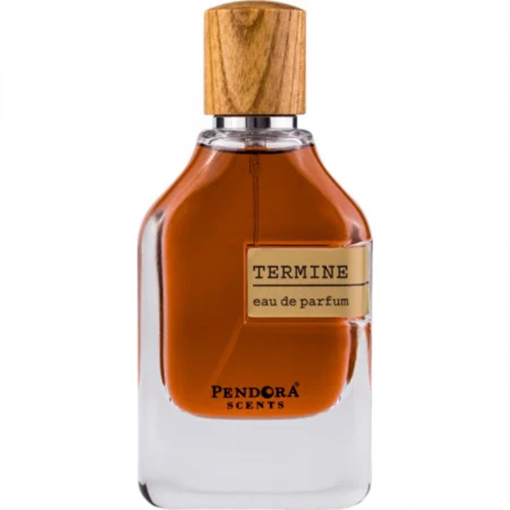 Frasco de perfume transparente com tampa de madeira e rótulo com texto