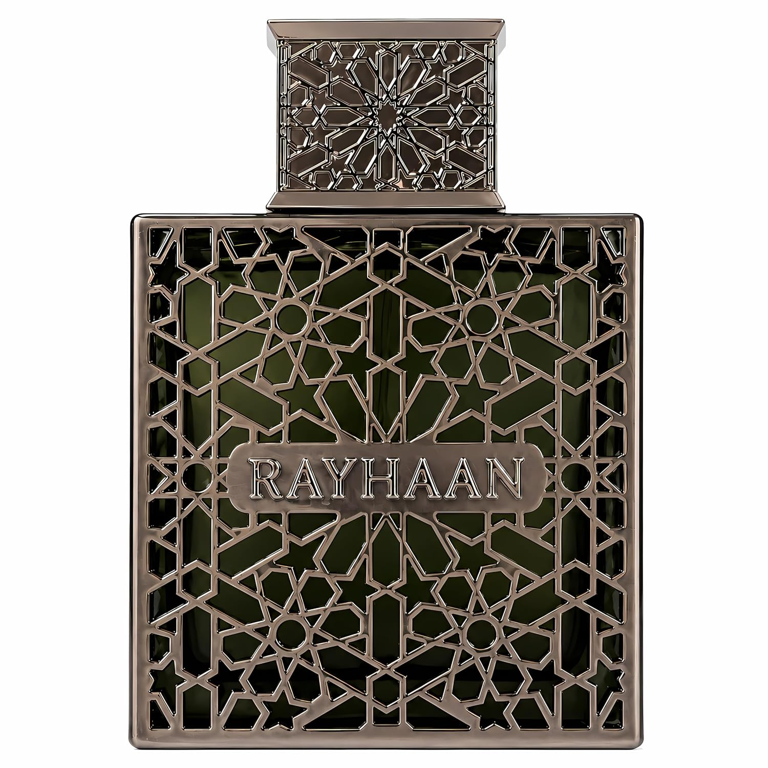 Frasco de perfume verde com caixilho metálico decorativo castanho RAYHAAN