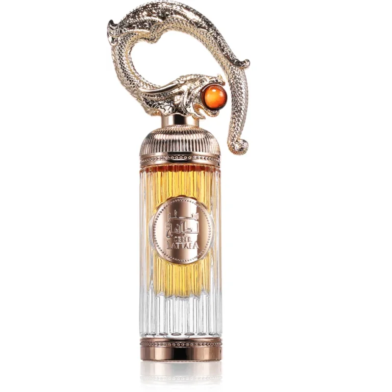 Frasco de perfume com design sofisticado e tampa decorativa