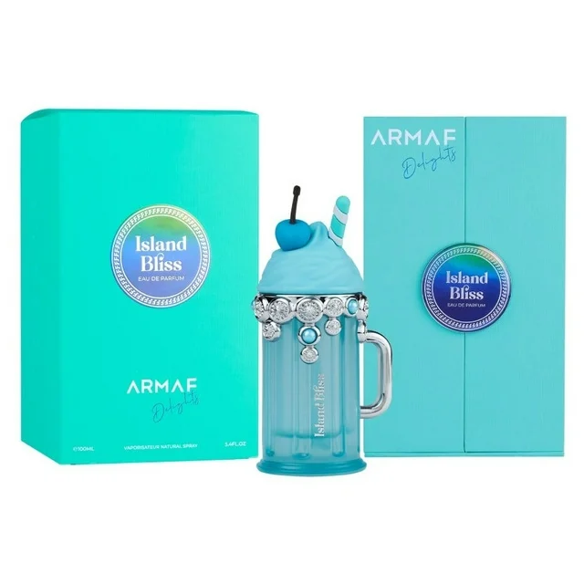 Frasco de perfume Armaf Island Bliss azul com embalagens azuis