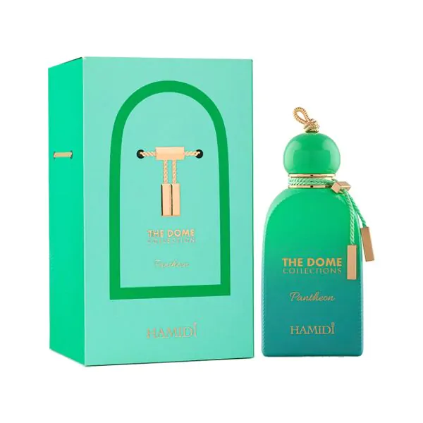 Frasco de perfume verde e embalagem verde claro com texto dourado