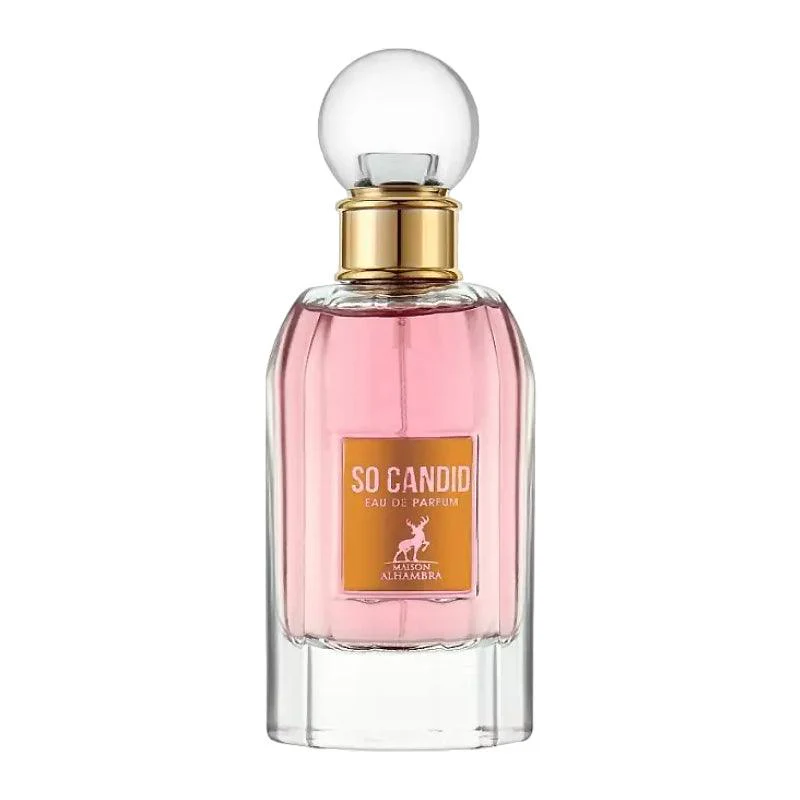 Frasco de perfume So Candido com líquido rosa e tampa redonda transparente