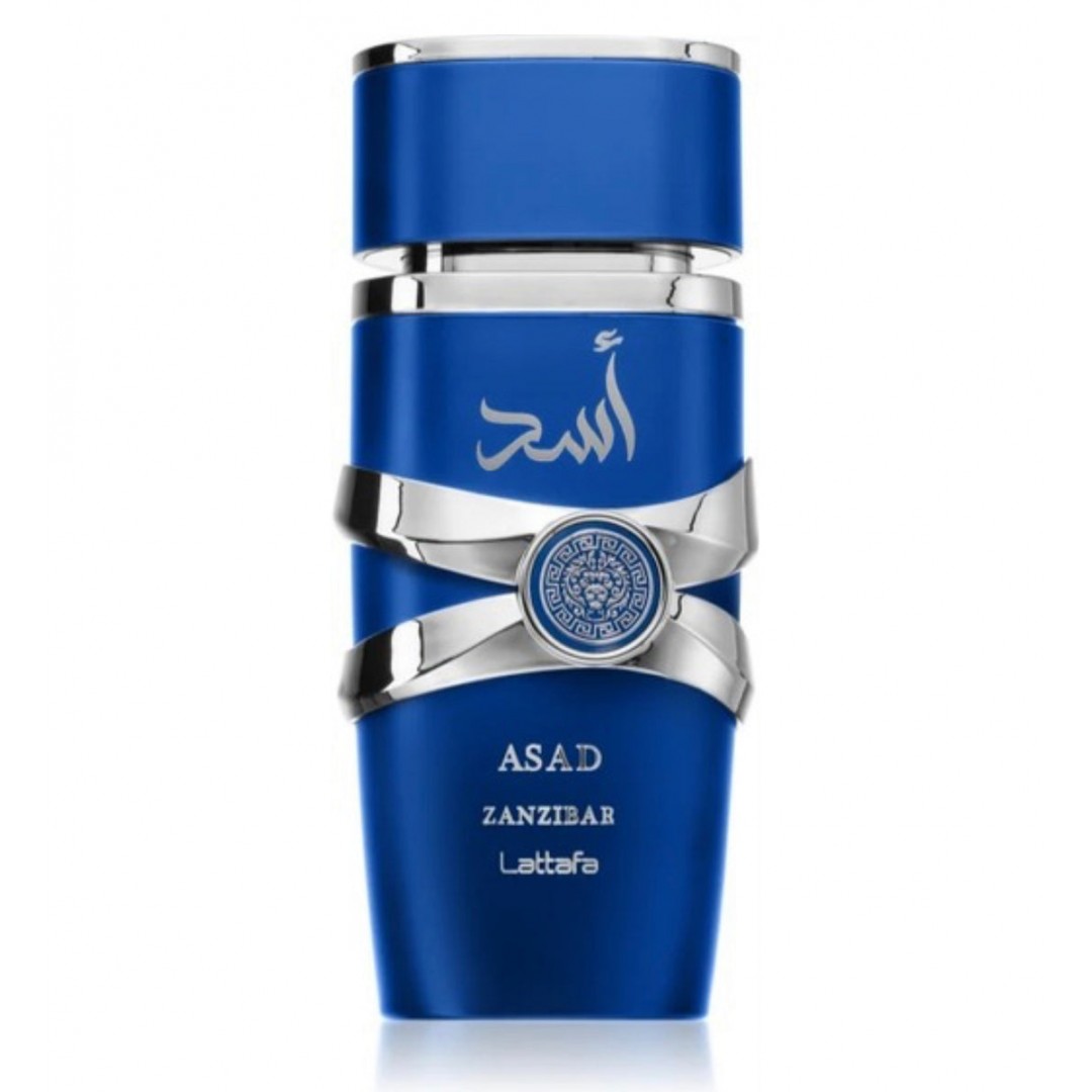 Frasco de perfume azul metálico com detalhes prateados e texto ASAD ZANZIBAR Lattafa
