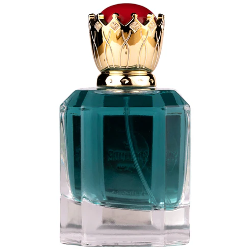 Frasco de perfume azul com tampa dourada em forma de coroa