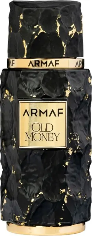 Frasco preto texturizado com detalhes dourados do perfume Armaf Old Money