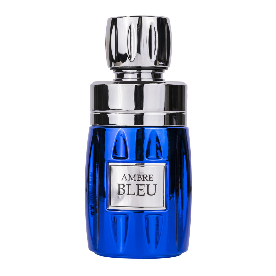 Frasco azul metálico de perfume Ambre Bleu com tampa prateada
