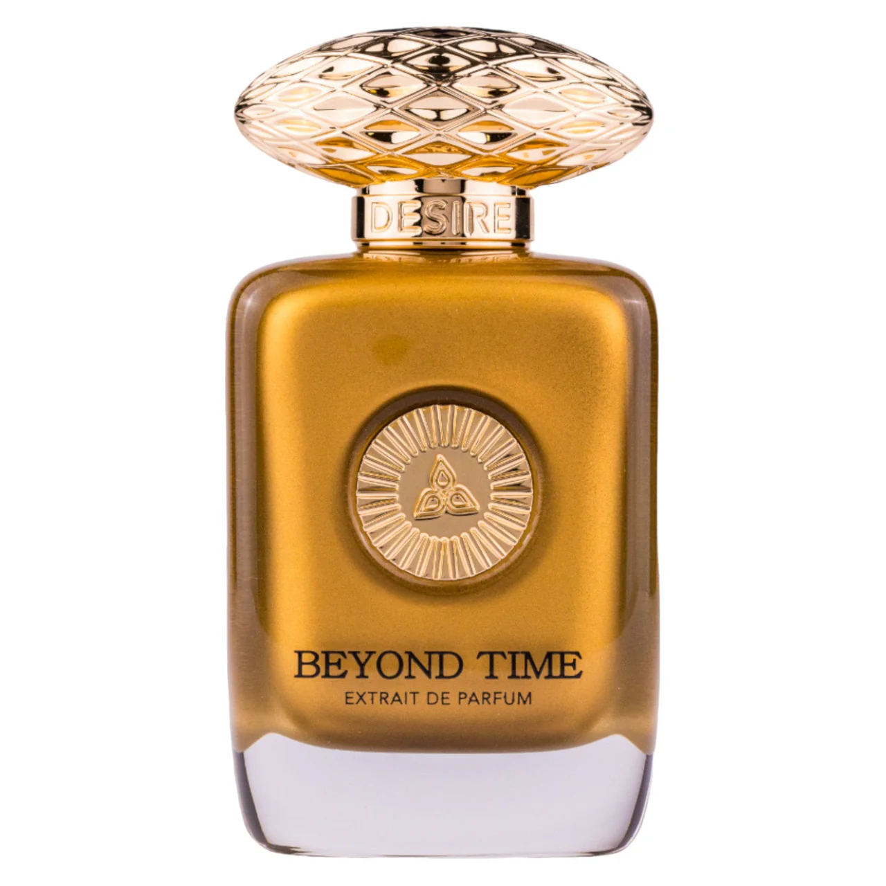 Frasco de perfume dourado com tampa decorativa dourada e texto BEYOND TIME EXTRAT DE PARFUM.