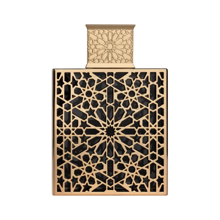 Frasco de perfume preto e dourado com padrão geométrico