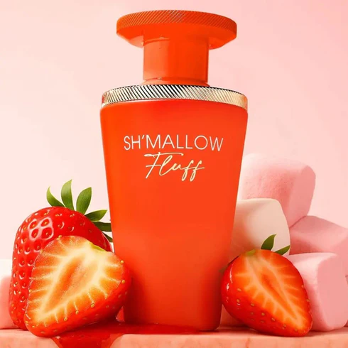 Frasco vermelho de perfume SHMALLOW Fluff com morangos e marshmallows
