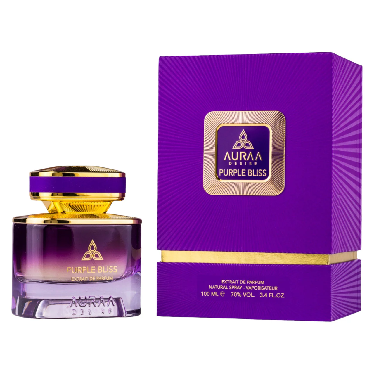 Frasco roxo e dourado de perfume Auraa Desire Purple Bliss com caixa roxa e detalhes dourados.
