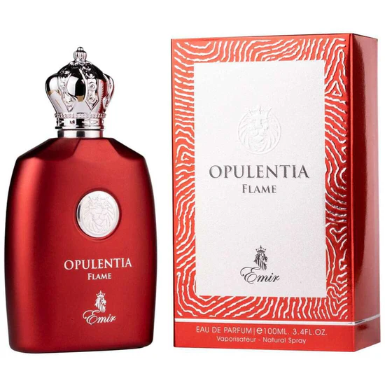 Frasco vermelho fosco de perfume Opulentia Flame com tampa em forma de coroa prateada e embalagem detalhada