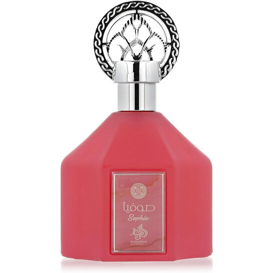 Frasco de perfume rosa fosco com tampa prateada e etiqueta Sophia