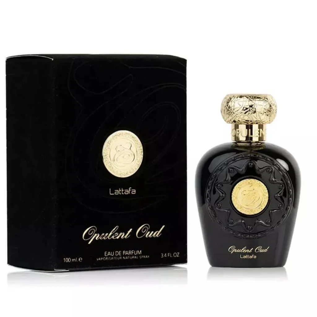 Frasco preto de perfume Opulent Oud Lattafa com detalhes dourados e embalagem preta.