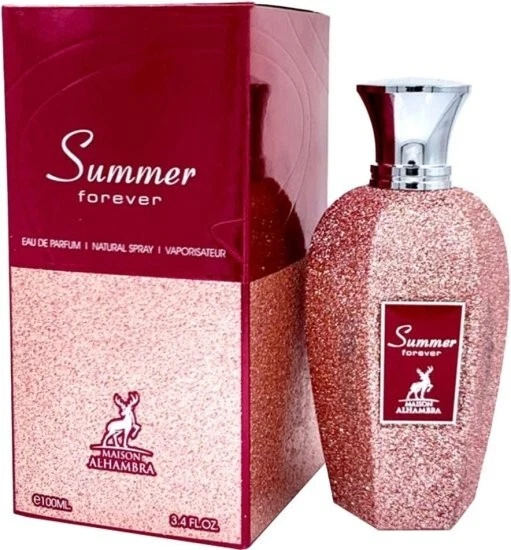 frasco e caixa de perfume Summer forever da Maison Alhambra em tons rosa brilhante
