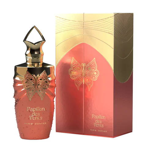 Frasco e embalagem de perfume rosa e dourado com detalhe de borboleta e texto Papillon des Vents