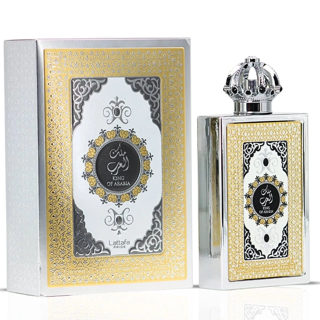 Frasco e caixa de perfume King of Arabia, prateado com detalhes dourados e pretos.