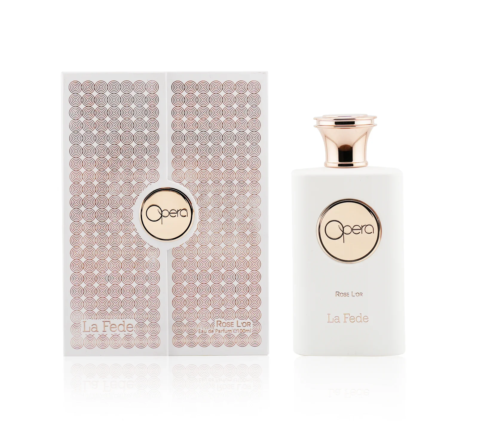Frasco branco de perfume Opera com caixa decorada