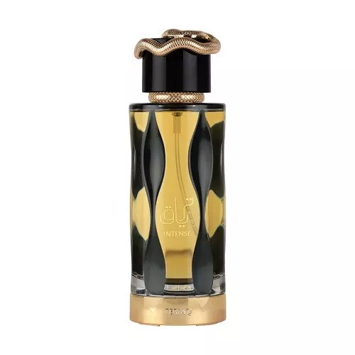 Frasco de perfume com tampa preta e serpente dourada enrolada