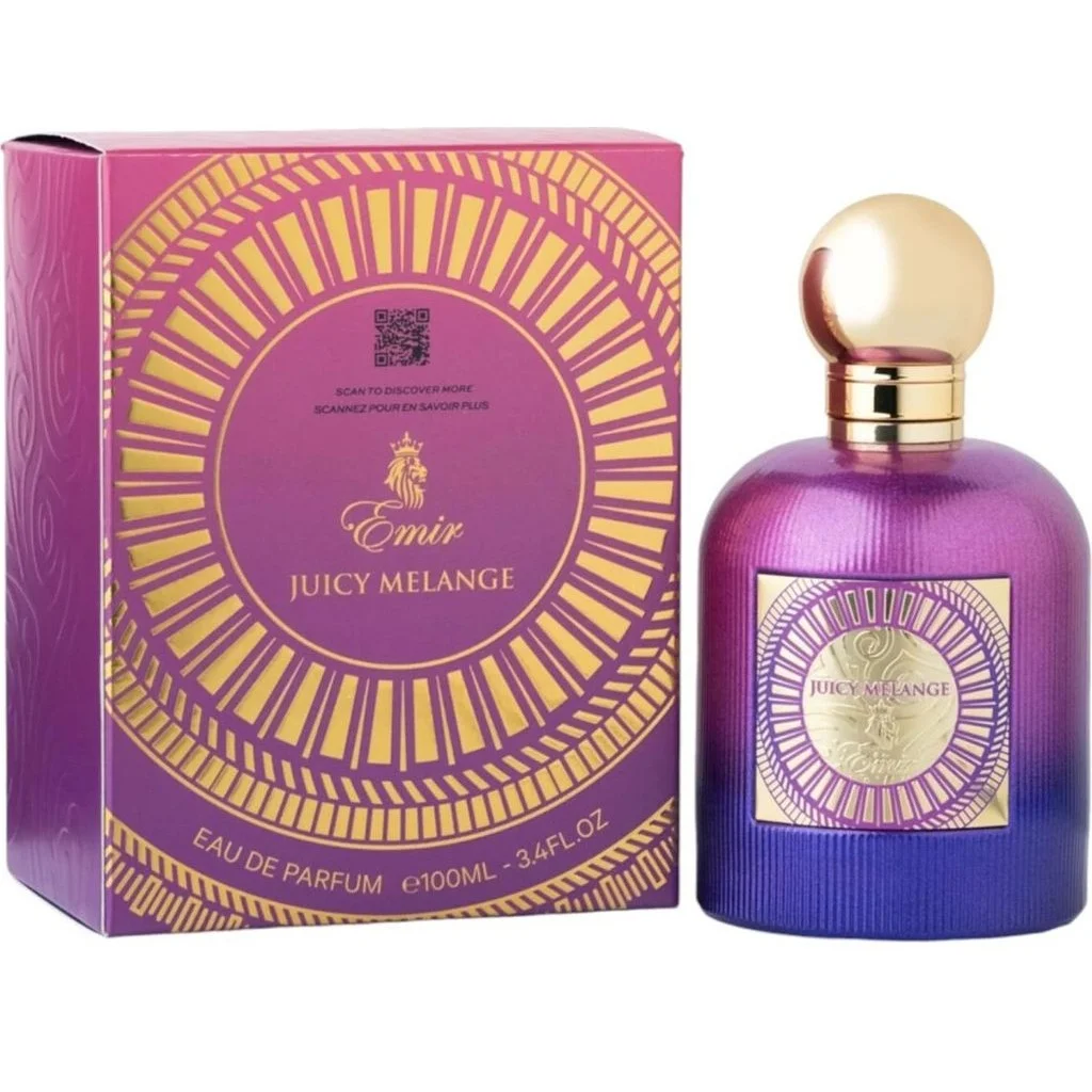 Frasco e embalagem do perfume Juicy Melange azul e roxo com detalhes dourados