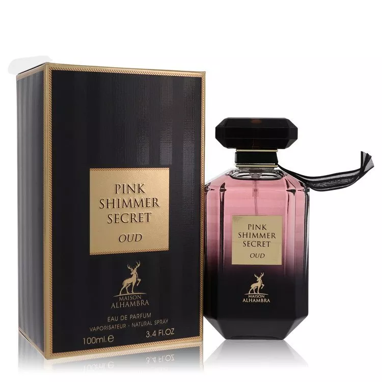 Frasco e caixa de perfume Pink Shimmer Secret Oud da Maison Alhambra