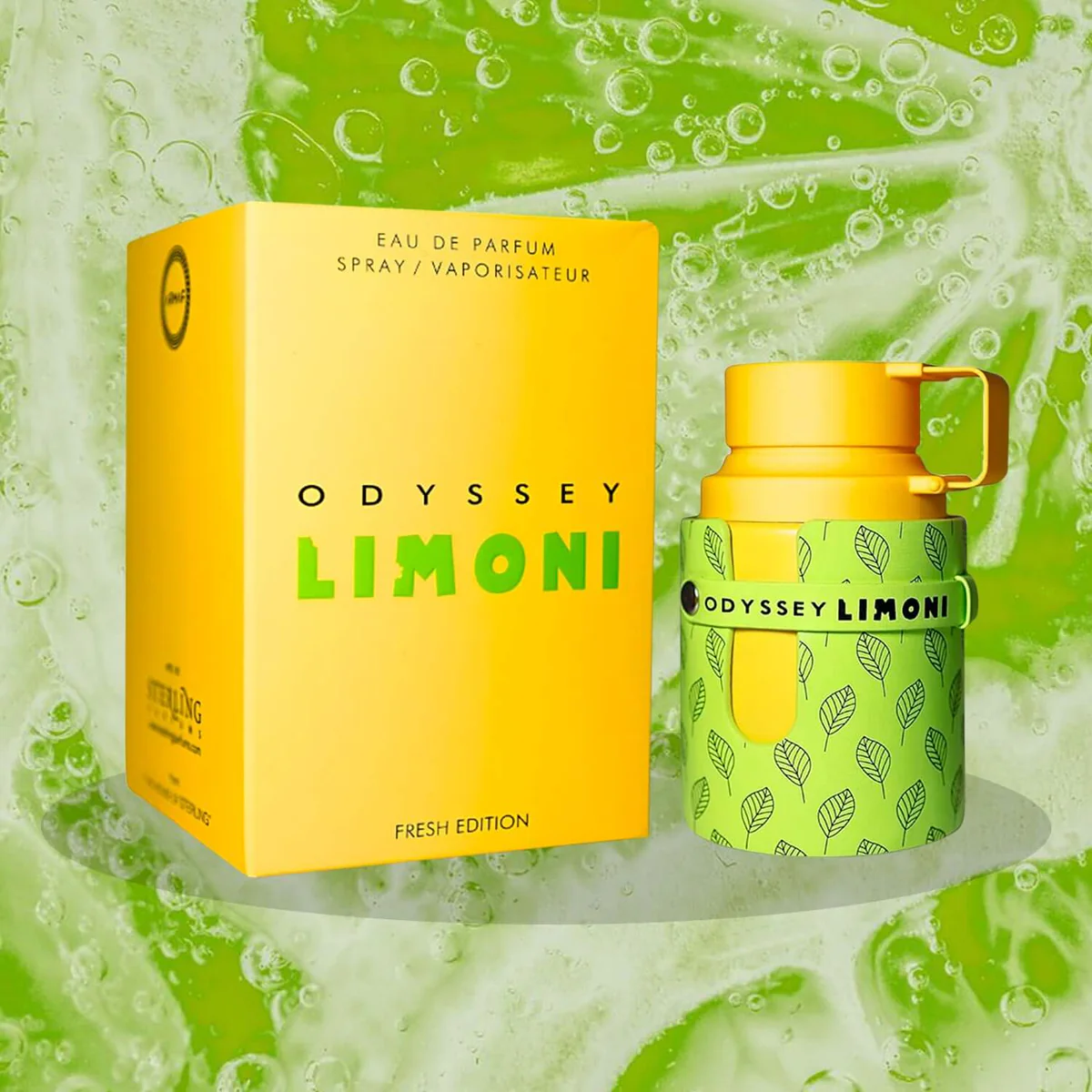 Perfume Odyssey Limoni com caixa amarela e frasco verde e amarelo decorado com folhas.