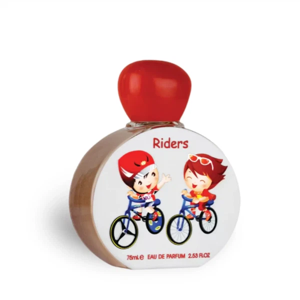Frasco redondo de perfume com tampa vermelha e etiqueta branca com crianças em bicicletas.