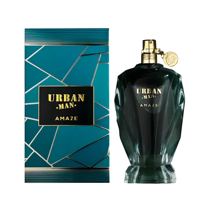 Frasco de perfume azul escuro com design facetado e embalagem azul com texto dourado
