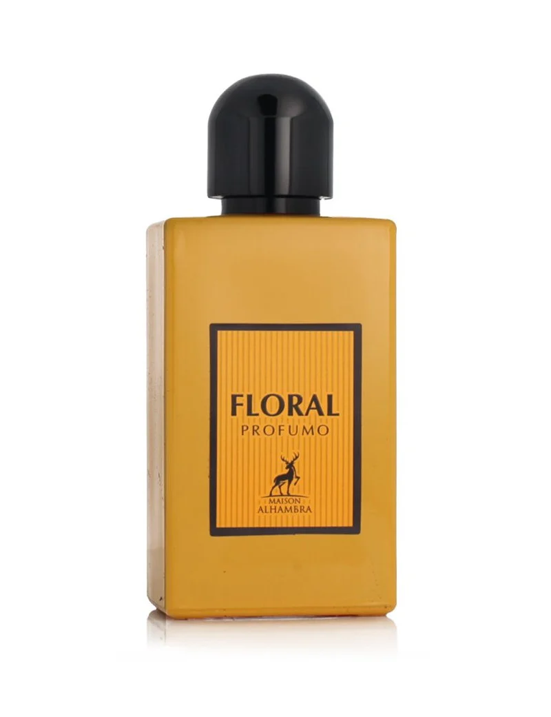 Frasco amarelo de perfume FLORAL PROFUMO com tampa preta