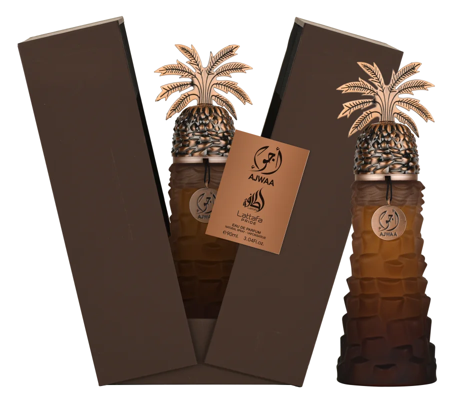 Perfume com frasco em forma de ananás e embalagem castanha