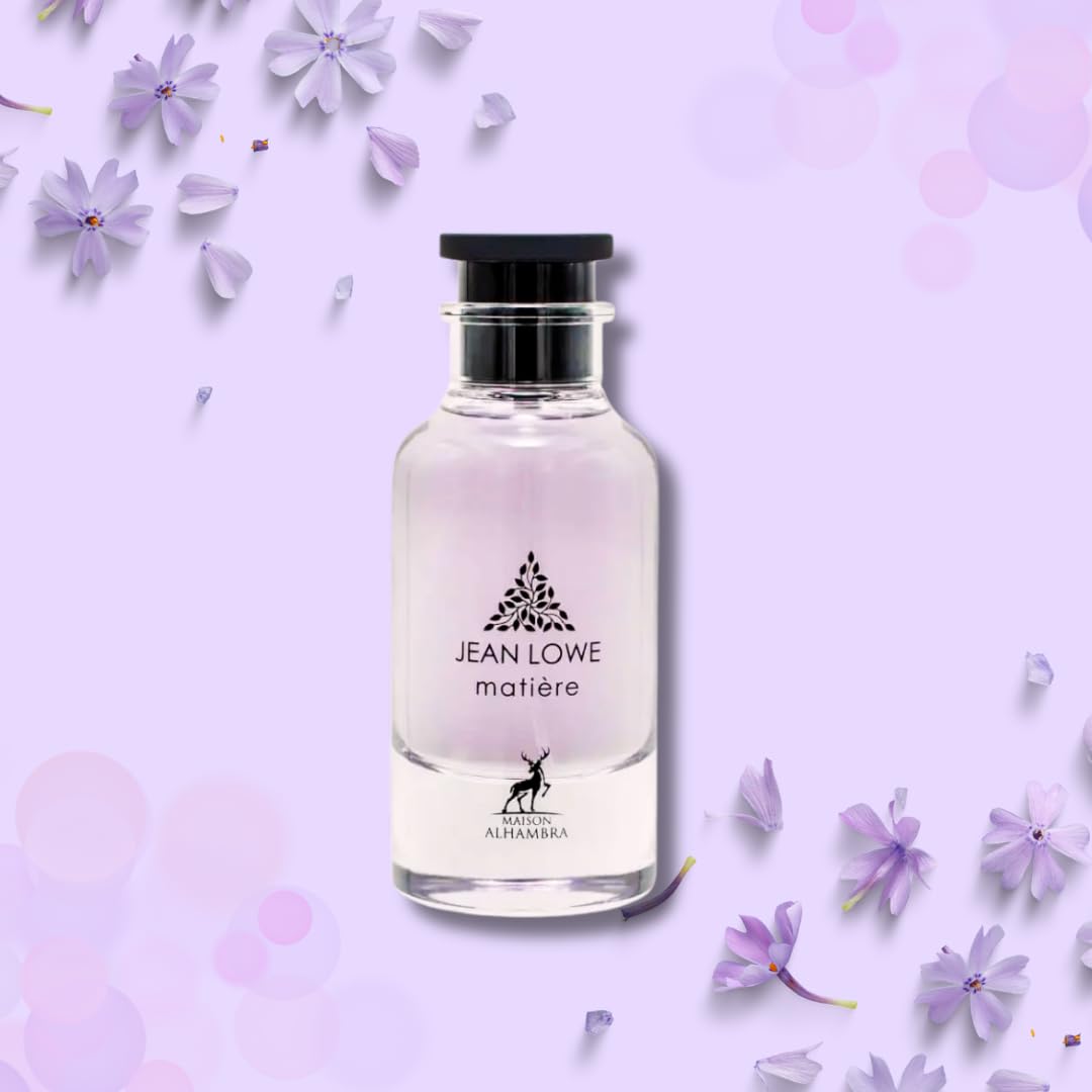 Frasco de perfume Jean Lowe matiére com flores lilases ao fundo