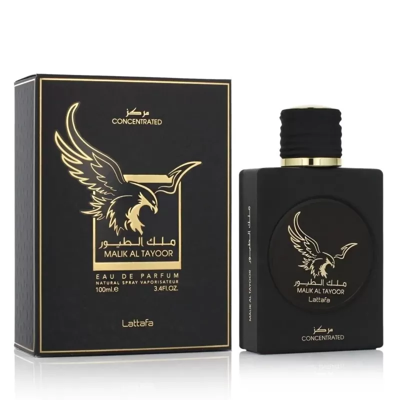 Frasco e caixa de perfume preto com desenho e texto dourados