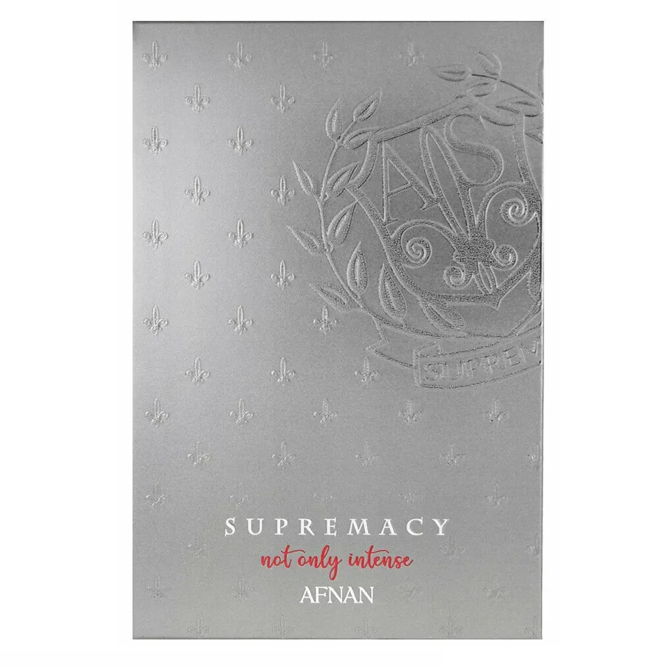 Embalagem cinzenta em relevo com texto SUPREMACY not only intense AFNAN