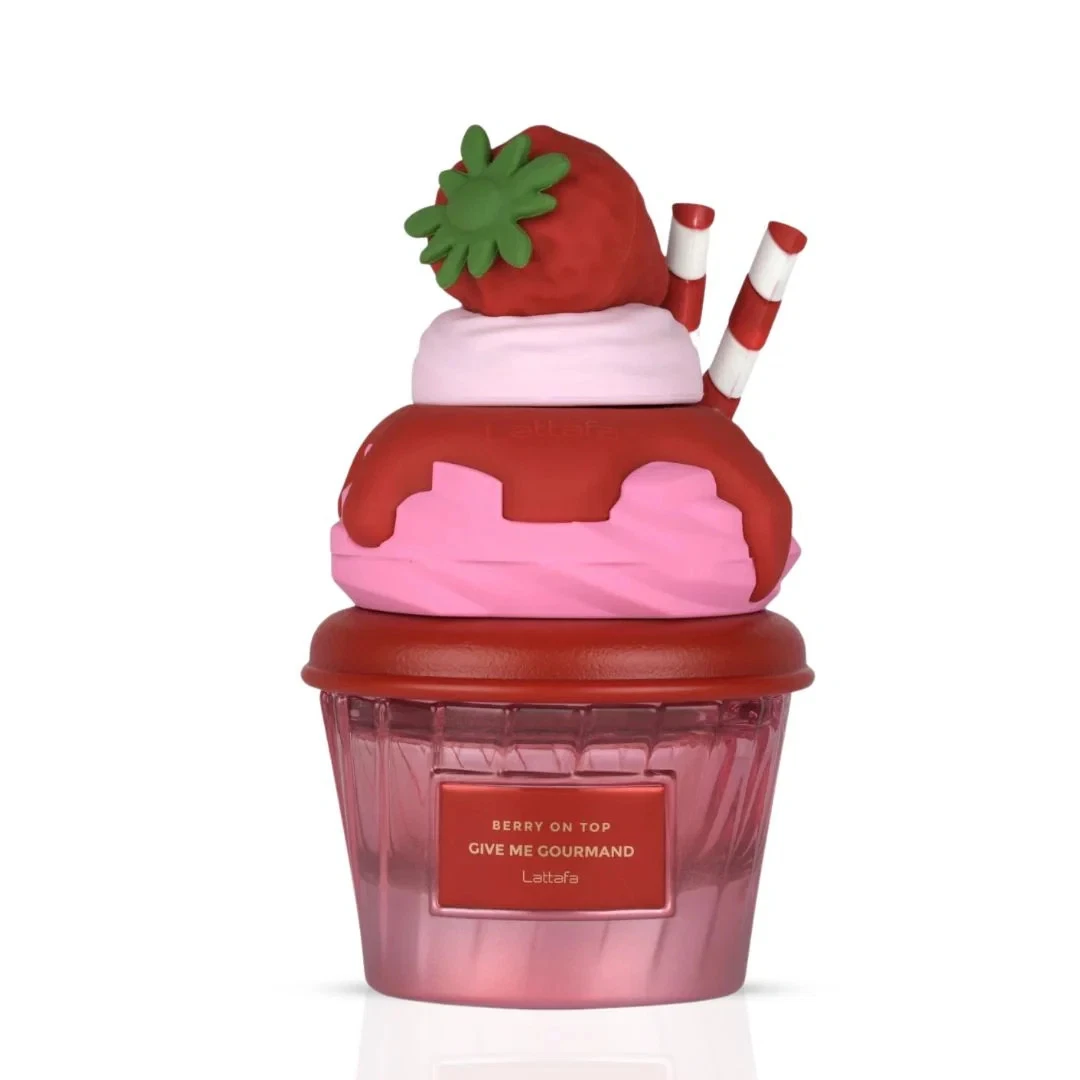 Perfume BERRY ON TOP GIVE ME GOURMAND em frasco com design cupcake com morango no topo
