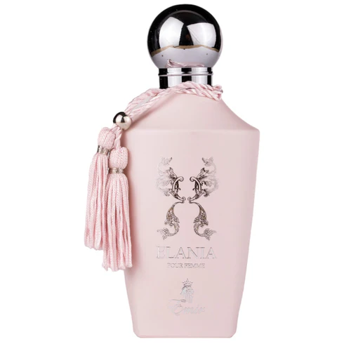 Frasco rosa claro de perfume ELANIA POUR FEMME com tampa prateada e franjas rosa