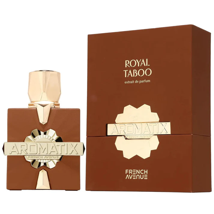 Frasco castanho de perfume Royal Taboo com detalhes dourados ao lado da embalagem castanha com texto dourado.