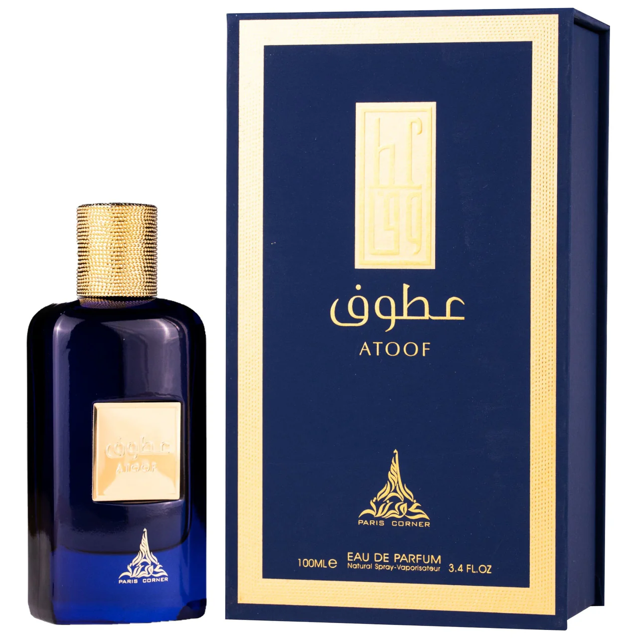 Frasco de perfume azul escuro com tampa dourada texturada ao lado de caixa azul com bordadura dourada e textos ATOOF PARIS CORNER EAU DE PARFUM.