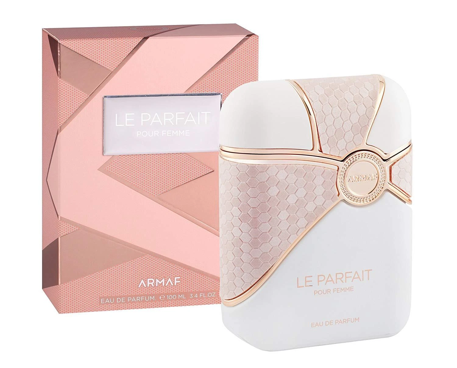 Frasco branco e rosa de perfume feminino LE PARFAIT POUR FEMME com caixa rosa ao fundo