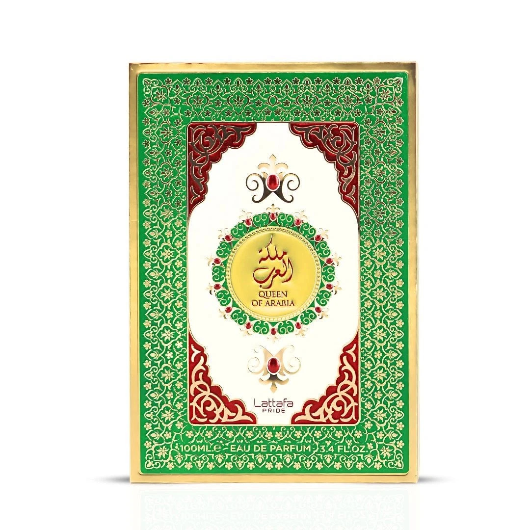 Embalagem de perfume Liter of Arabia Lattafa Pride com design árabe e cores verde, vermelho e dourado