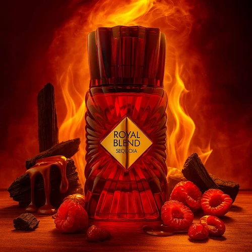 Frasco de perfume vermelho Royal Blend Sequoia rodeado de framboesas e fogo