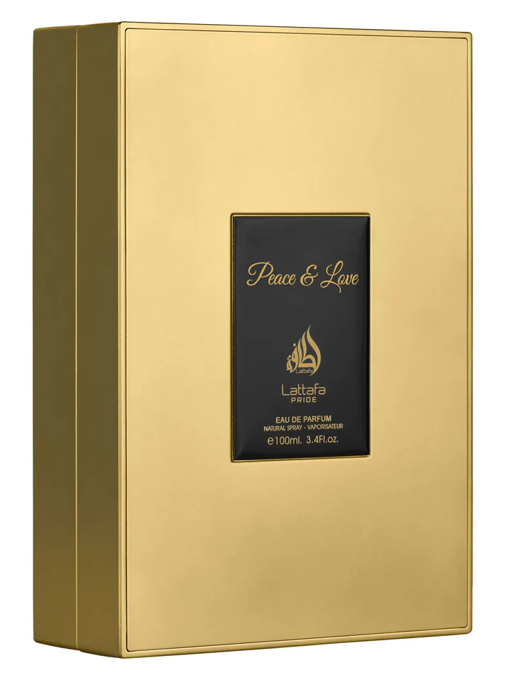Caixa dourada de perfume Peace & Love Lattafa Pride com etiqueta preta e texto dourado.