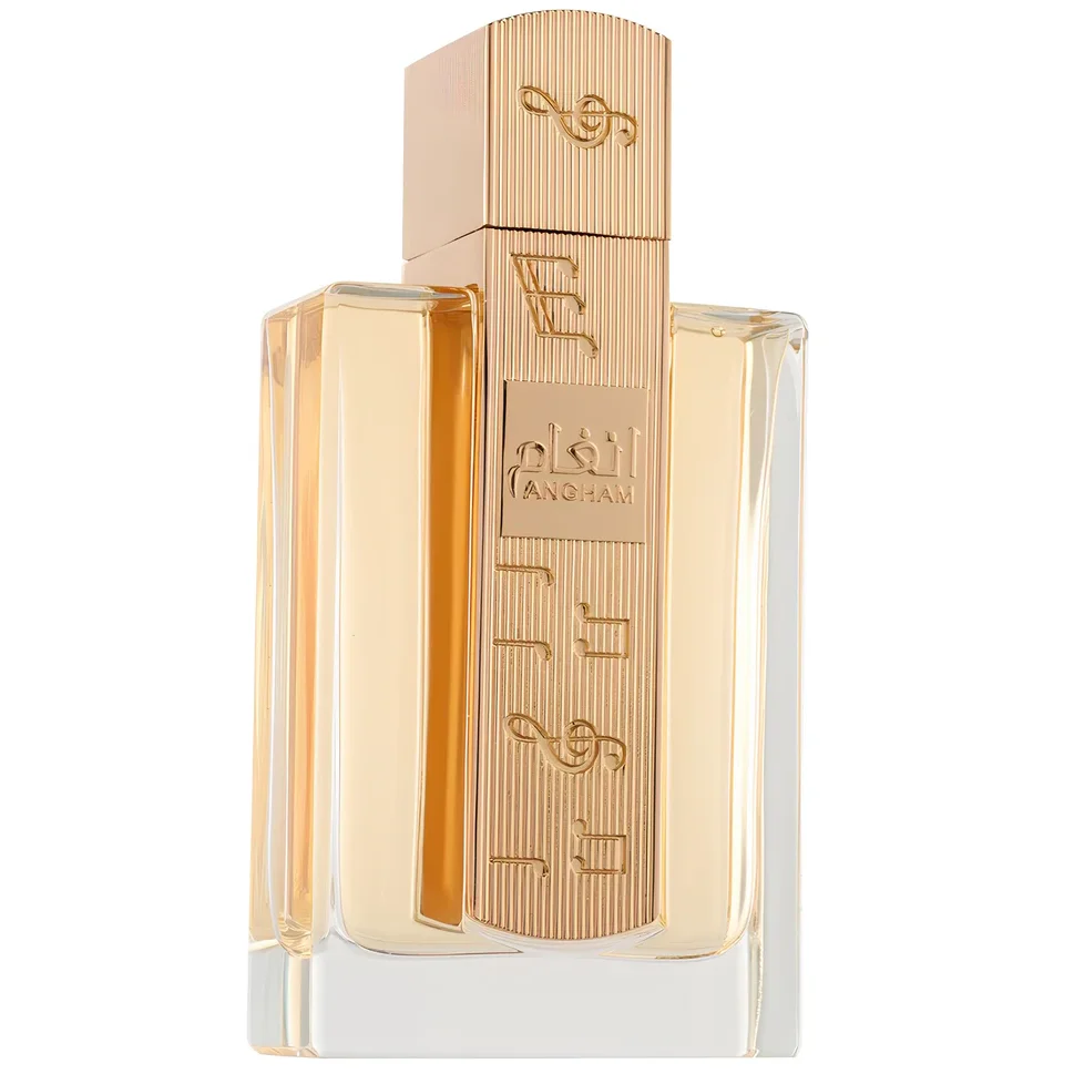 Frasco de perfume transparente com tampa dourada e símbolos musicais