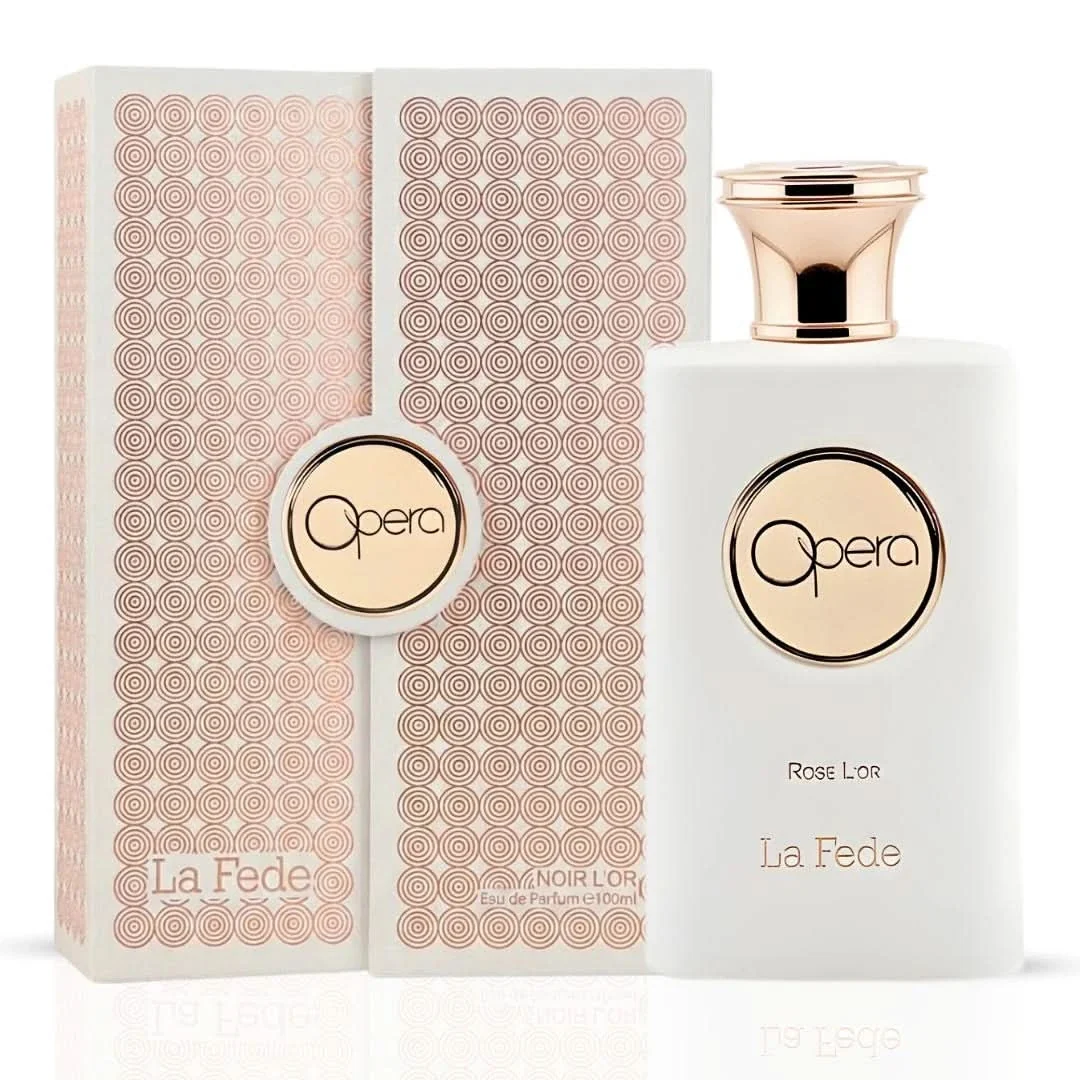 Perfume Opera Rose Lor La Fede com frasco branco e tampa dourada junto à embalagem decorada