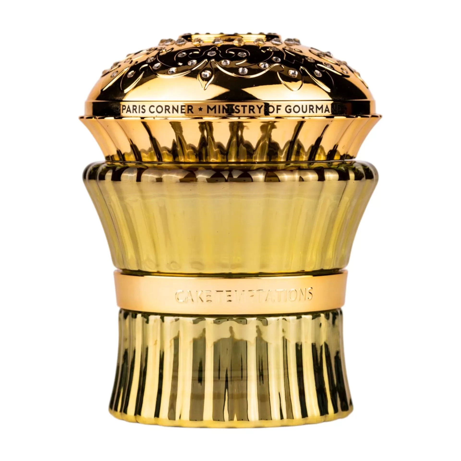 Frasco de perfume dourado com tampa trabalhada e texto visível
