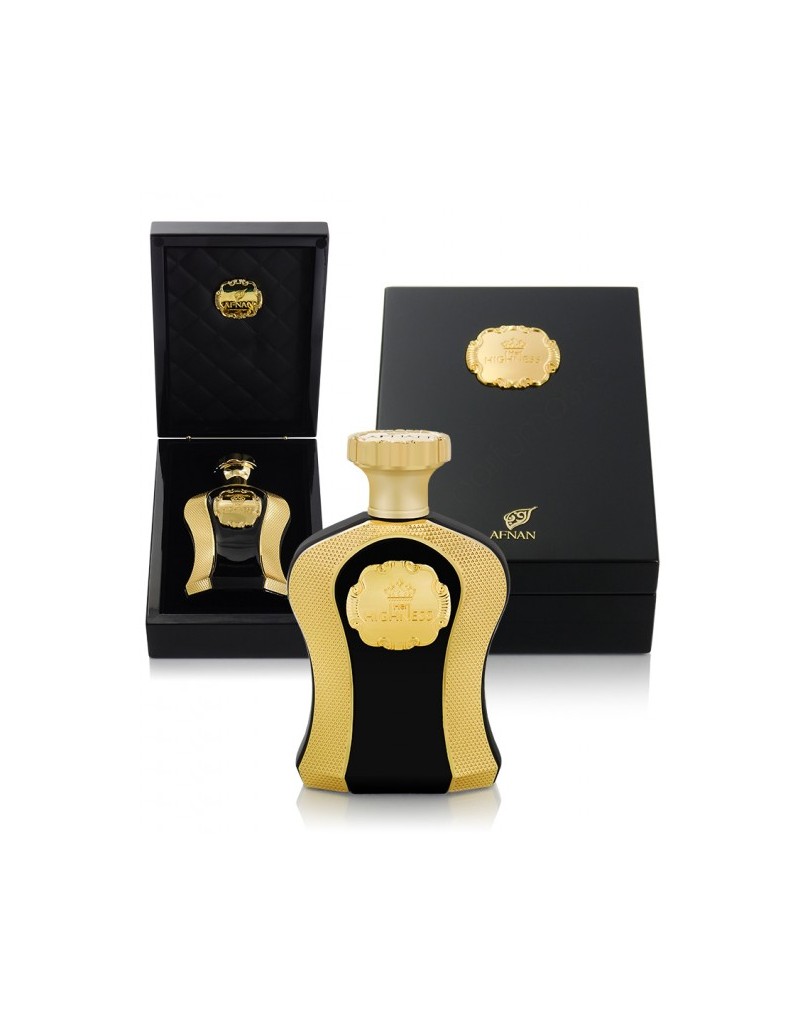 Frasco de perfume preto e dourado numa caixa preta elegante