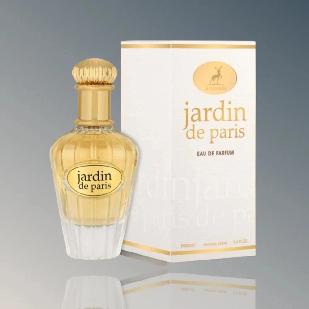 Frasco de perfume dourado ao lado de caixa branca com texto jardin de paris