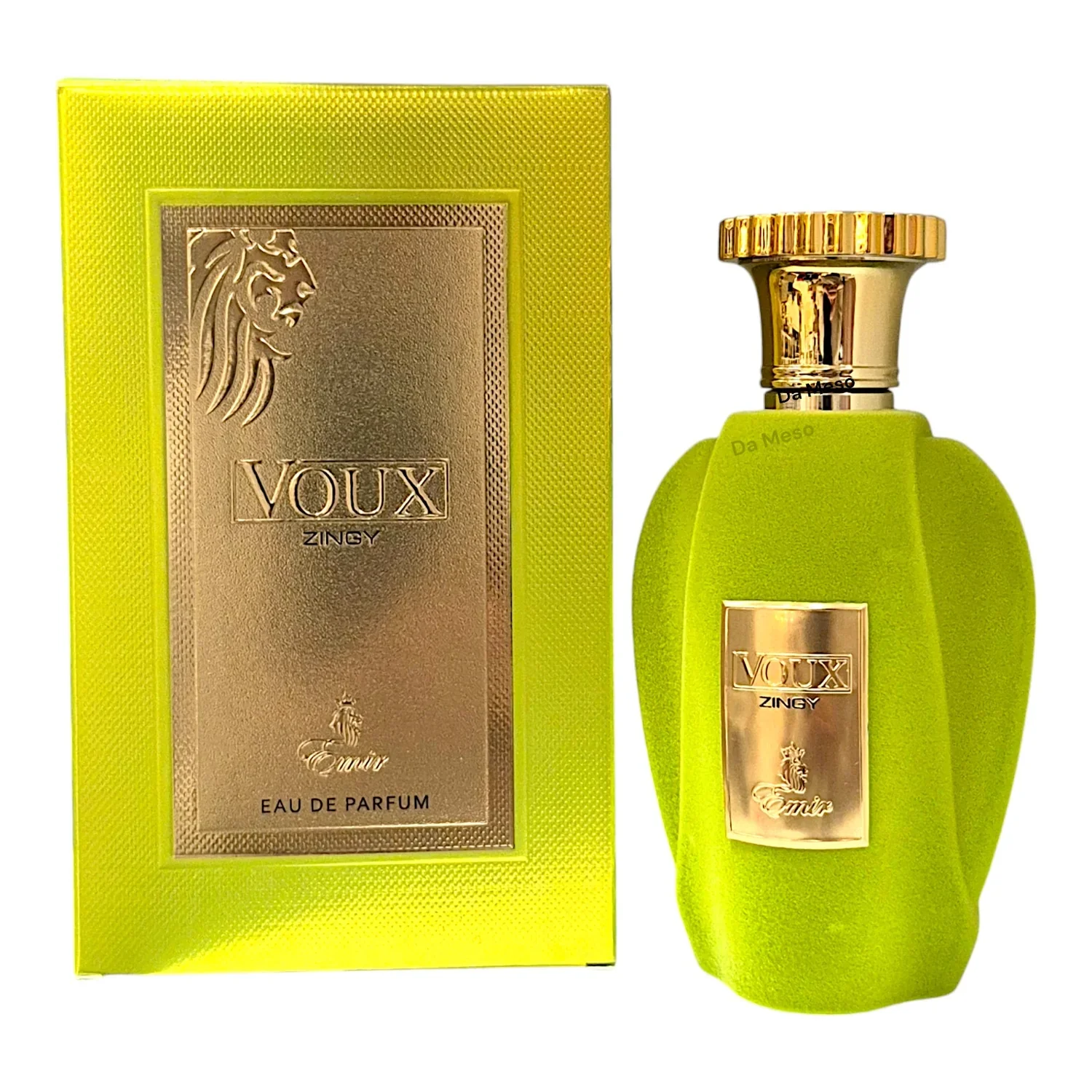 Perfume VOUX ZINNY com design em veludo amarelo e detalhes dourados