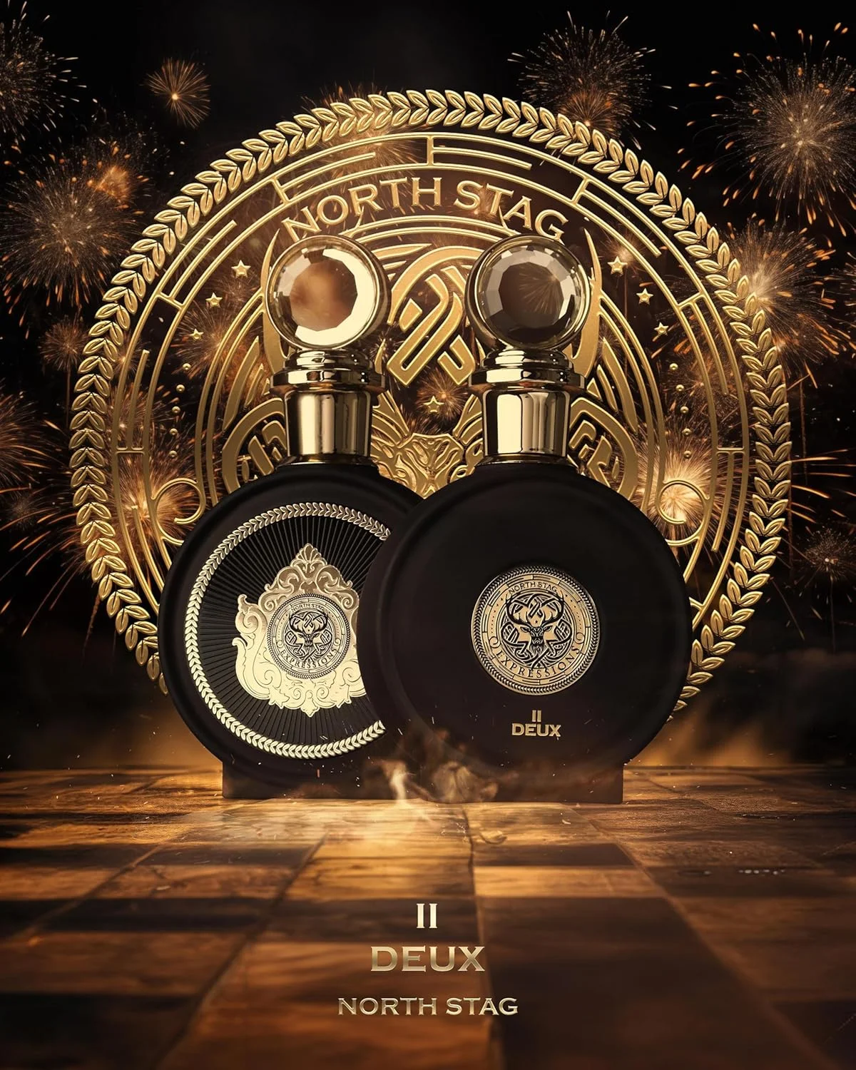 Dois frascos de perfume North Stag em fundo dourado com medalhão e fogos de artifício