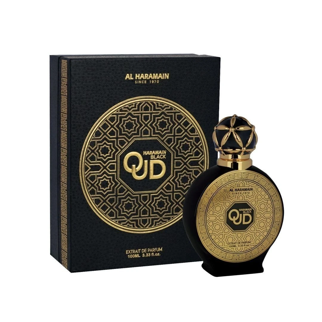 Frasco e caixa de perfume Al Haramain Black Oud preto e dourado com padrão geométrico