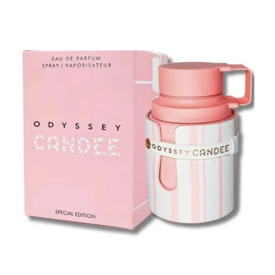 Frasco e caixa rosa de perfume Odyssey Candee com texto e padrão riscado
