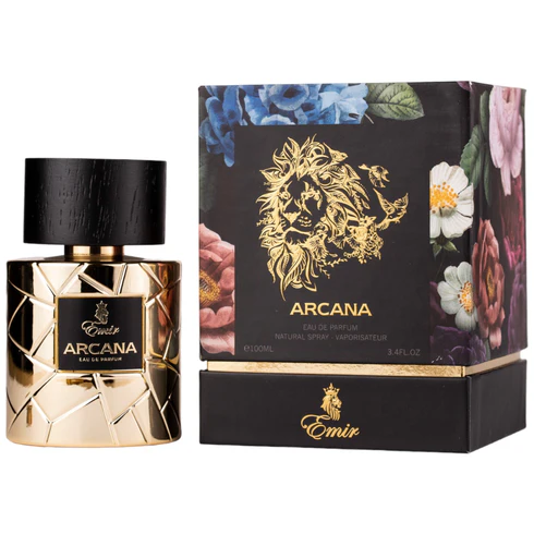 Perfume Arcana de frasco dourado e caixa preta com flores e leão dourado